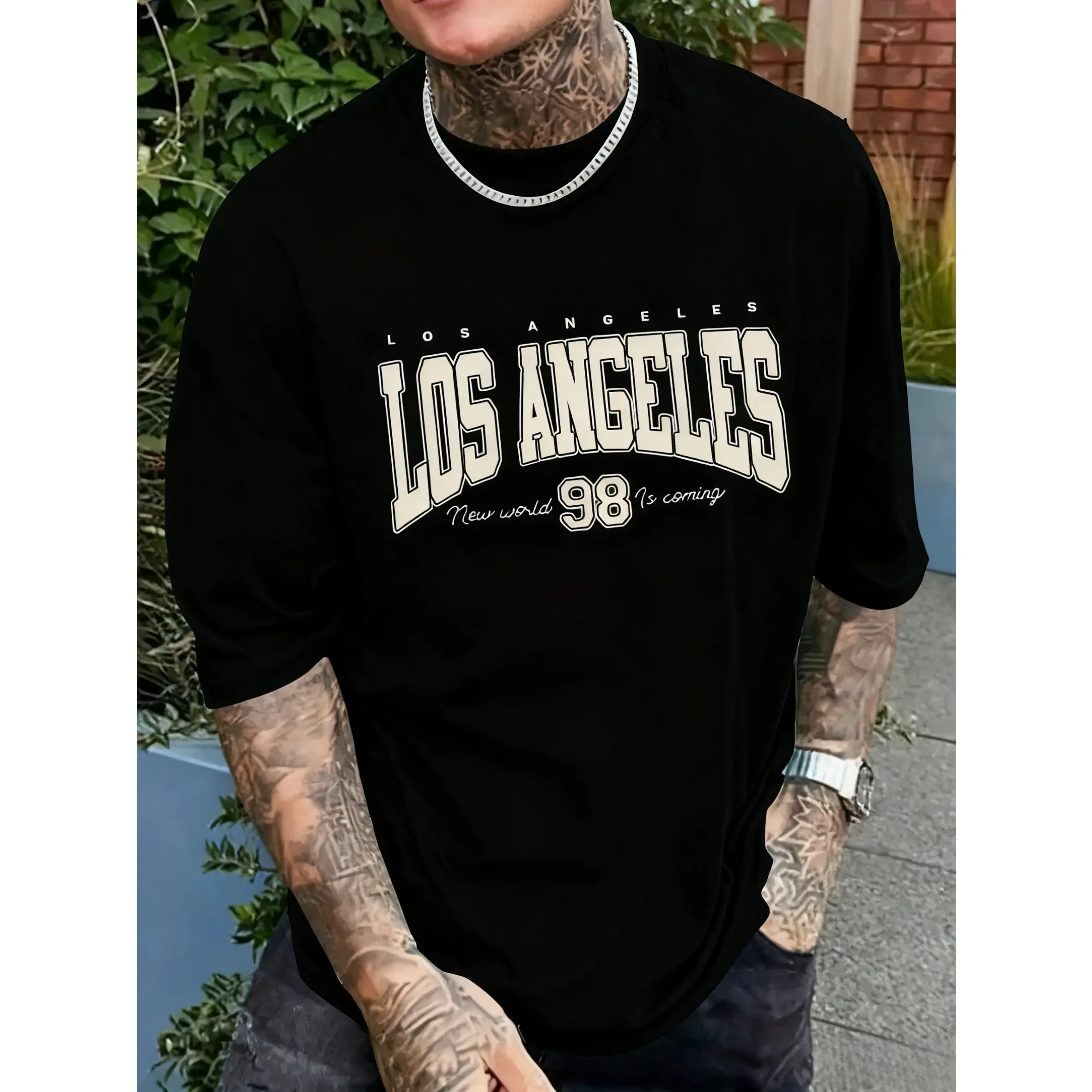 suitable for all seasons, men's fashion casual LOS ANGELES print comfortable, soft regular shoulder short sleeve T-shirt
