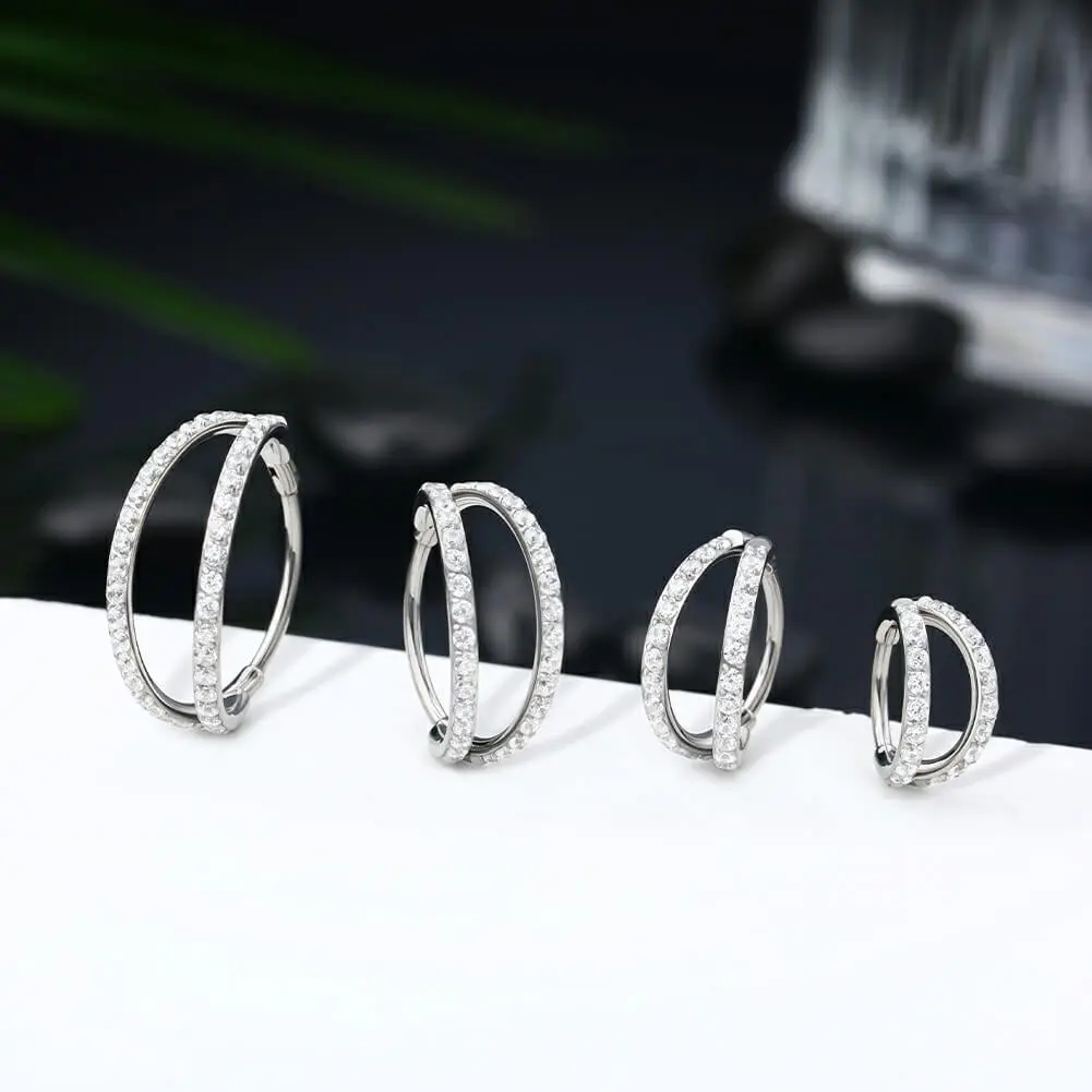 OUFER BODY JEWELRY Unisex G23 Titanium Nose Piercing with AAA+ Cubic Zirconia, Geometric Double Segment Hinged Ring, 16G-20G, 6mm-12mm