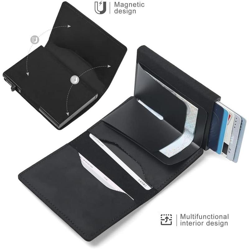 Slim Wallet for AirTag Genuine Leather RFID Credit Card Holder Automatic Pop up Wallet |   Slim Design Multipurpose Accessory for AirTag Case for Men (Black Leather)\u2026