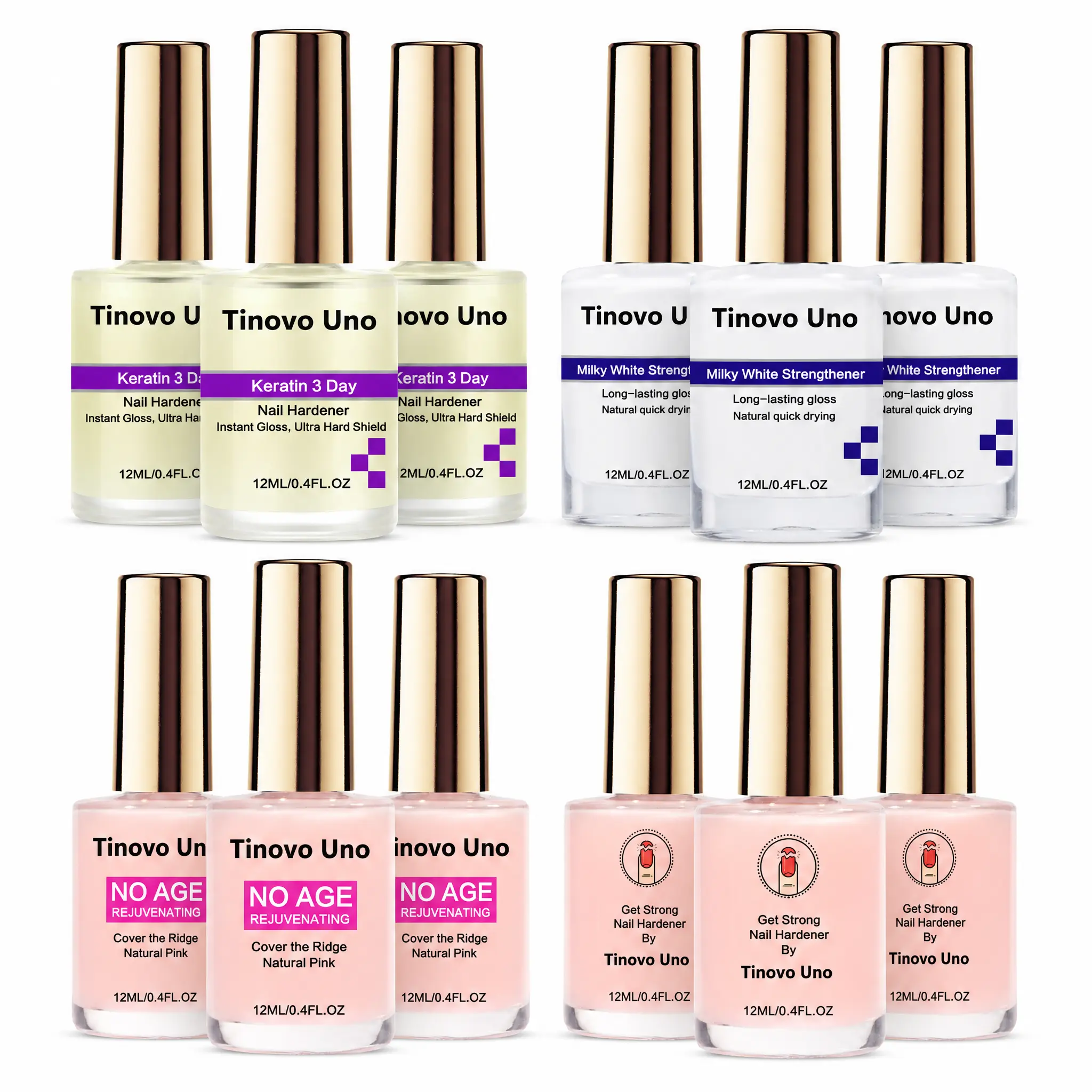 TINOVO UNO Multi‑Variant Nail Strengthener 3‑Pcs Set, Nail Hardener Treatment for Weak Brittle Peeling Nails, Ridge Filler Nourishing Repair Nail Care Kit, Home Daily Nail Conditioning Treatment, 12ml Per Bottle