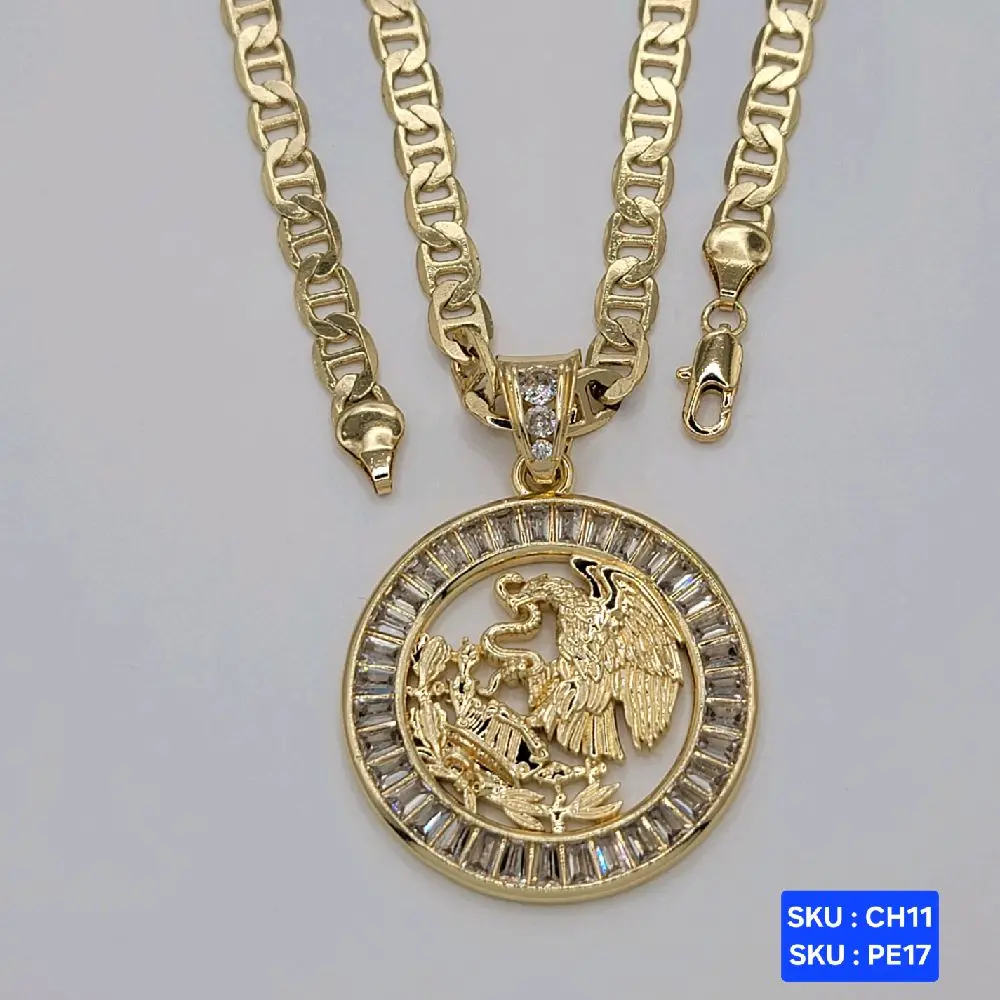 Centenario Eagle Large &  Small with clear stones Chain Mariner link 24 inches 6 millimeters Laminated Gold jewerly. Jewelry Necklace SKU CH12 SKU  PE17, PE17S