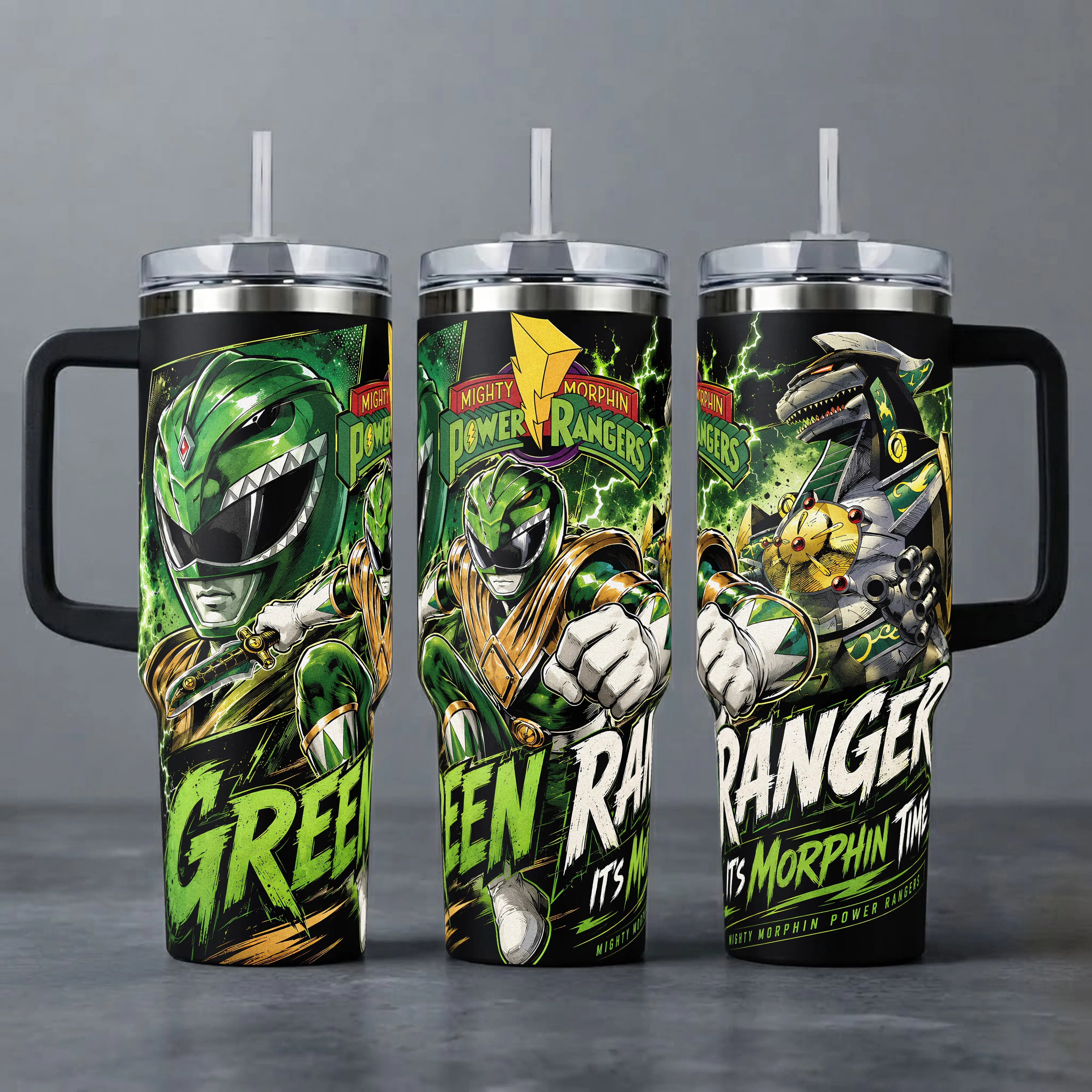 Green Ranger Tumbler, Mighty Morphin Power Rangers 40oz Cup with Handle, Dragonzord Legacy 20oz Stainless Steel Travel Mug, 90s Nostalgia Fan Gift, Green Ranger Inspired Insulated Tumbler Featuring Epic Lightning Design.