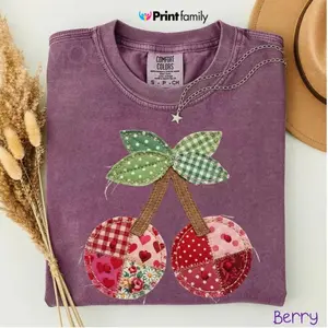 Comfort Colors Cherry Printed T-Shirt, Patchwork Quilted Farmhouse Cherry Tee, Rustic Gingham Floral Cottagecore Aesthetic, Vintage Print Shirt, Mama Gift - Printfamily