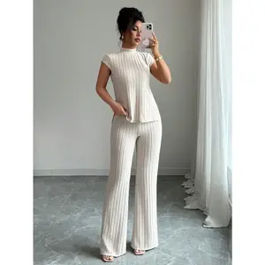 Women's Spring Summer Casual Two-Piece Set Soft Ribbed Knit Short Sleeve Top & Flare Trousers 10 Color Elegant Collection