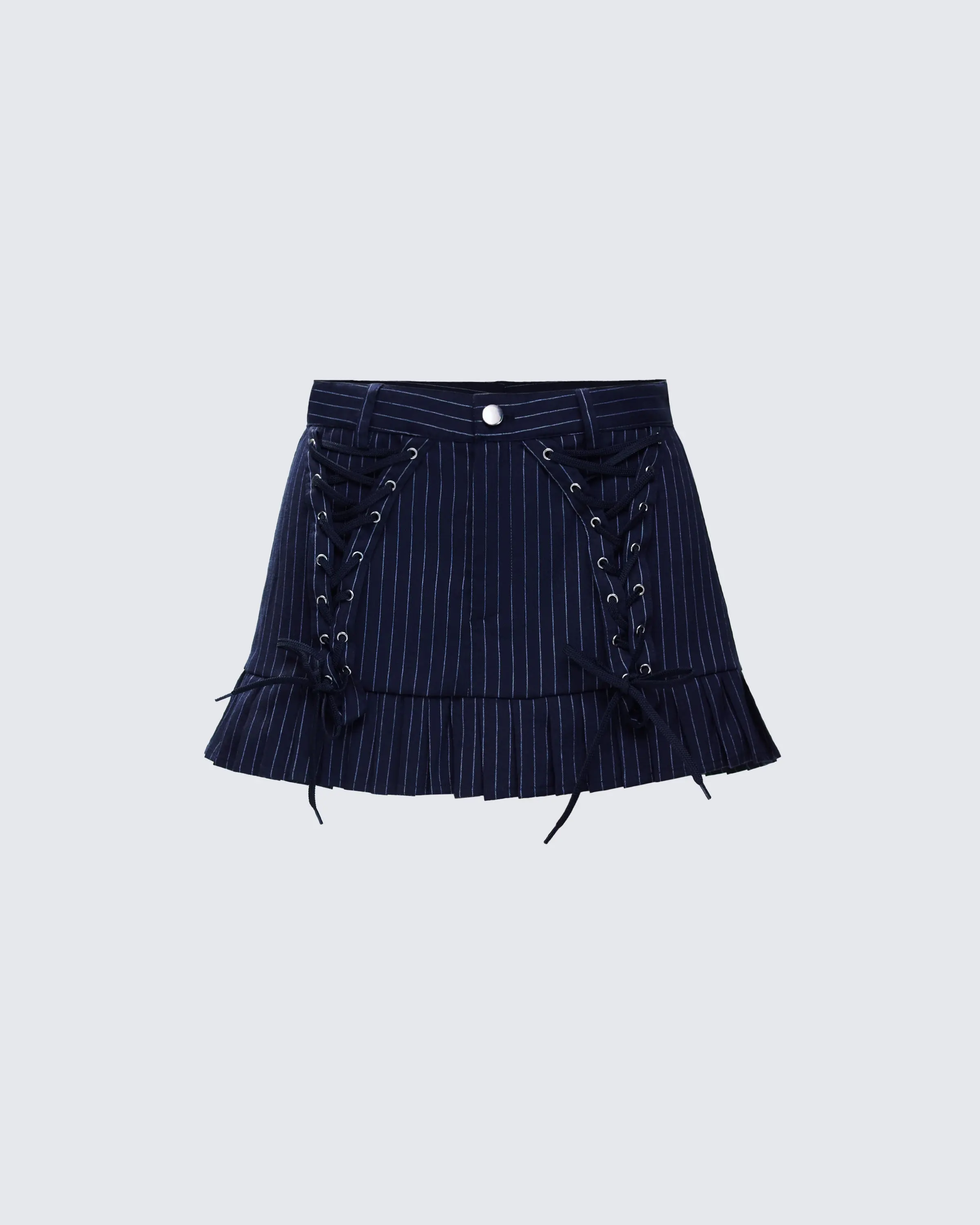 Women's Alandra Pinstripe Fitted Mini Skirt - Corset-Accented, Button-Detailed, Ruffle-Trimmed Corporate Goth Women's Bottom