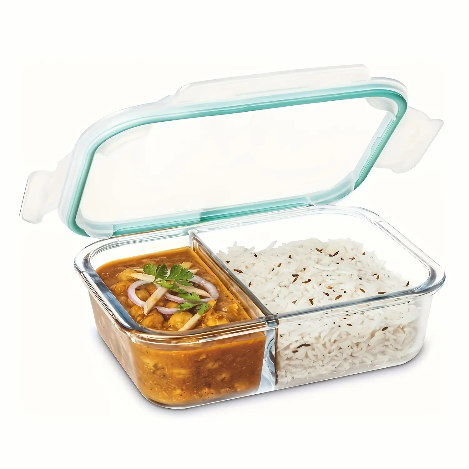 2-Compartment Lock Lid Glass Lunch Box with Sealed Hinged Lid-Durable Dishwasher Glass Food Storage Container, Rectangular Component Control Container Suitable for Oven And Refrigerator, Suitable for Weight Loss, Leftovers