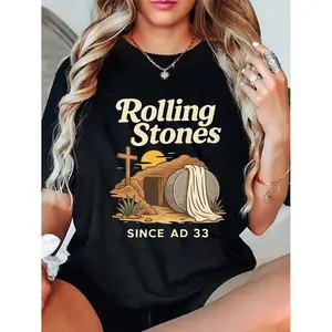 Easter The Stone Rolled Away He is Alive Retro Christian Women's Religious Faith Gift T-Shirt Rolling Stones Since AD 33 Cotton Short Sleeve Tops for Faith Lovers - Womenswear, Tshirt S-3XL