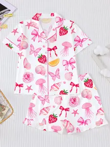 Girls Strawberry Shell Print Pajama Set, Sweet and Cute Sleepwear, Fire Retardant Button Front Short Sleeve Top and Loose Shorts, Fruit Print Pajamas