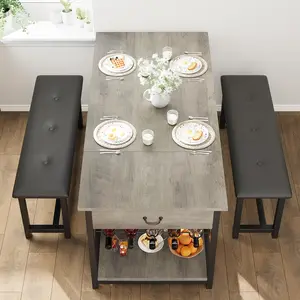 4-Person Dining Table Set with Comfortable, Durable Upholstered Bench, Storage Drawers and Gray Finish