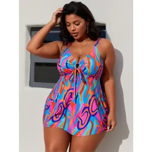 2026 New Plus Size Colorful Abstract Print Swimdress, Deep V Tie & Skirt Hem, Tummy Control Modest Swimwear