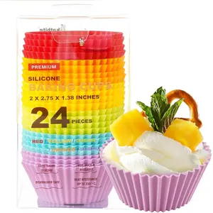 Silicone Cupcake Liners 24 Pack - Non-stick Silicone Muffin Liners Set, Thick & Heavy Duty Cupcake Molds - Perfect for Party Halloween Christmas Bakery Supplies, Multicolor Tin