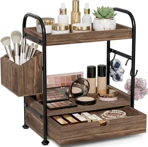 2-Tier Bathroom Counter Organizer with Drawer, Wooden Vanity Skincare Storage Shelf with Thickened Metal Frame, Countertop Shelf with Basket & Hooks for Makeup Organization (Dark Brown)