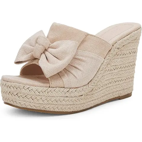 Coutgo Womens Platform Espadrilles Slip On Wedge Sandals Bow Tie Open Toe Slides Shoes Footwear Style Flatform