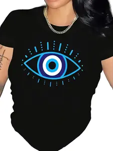 Greek Evil Eye Graphic T-Shirt by Elegant Piece Stylish Black Protection with Blue Eye Design Soft and Breathable for Everyday Use Machine Washable Workout T-Shirt Woven Textured Evil Eye Design Cotton Fabric Summer Top Womenswear Clothes