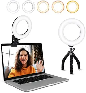 Video Conference Lighting Kit with Ring Light Clip, 5 Dimmable Colors & 5 Brightness Levels, Button Switch Camera Mount, Metal Design Adjustable Cable Octopus Pad Phone tripod ring light