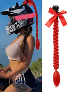 Lehanhair 20 Inch Colorful Glitter Bow Decor Hair Braids, Synthetic Soft Hairpieces, Ombre Color Helmet Hair Extensions, Helmet Braids with Detachable Suction Cup, Motorcycle Helmet Braided Ponytails