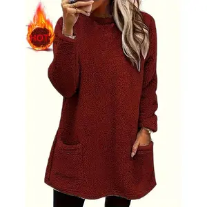 Women's Casual Fashion Long Sleeve Round Neck Sweatshirt, Autumn Winter Velvet Pullover, Plain Color, Comfortable Fit