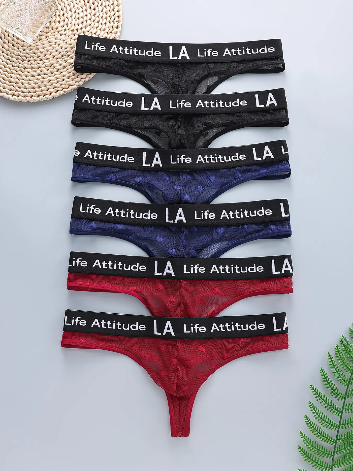 Men's Lace Thong Panties Set of 6, Half-Transparent Heart Pattern, Comfortable Seamless Underwear, Breathable & Soft Fabric, Street Style Underwear