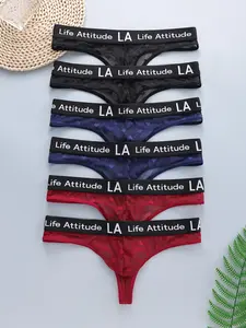 Men's Lace Thong Panties Set of 6, Half-Transparent Heart Pattern, Comfortable Seamless Underwear, Breathable & Soft Fabric, Street Style Underwear