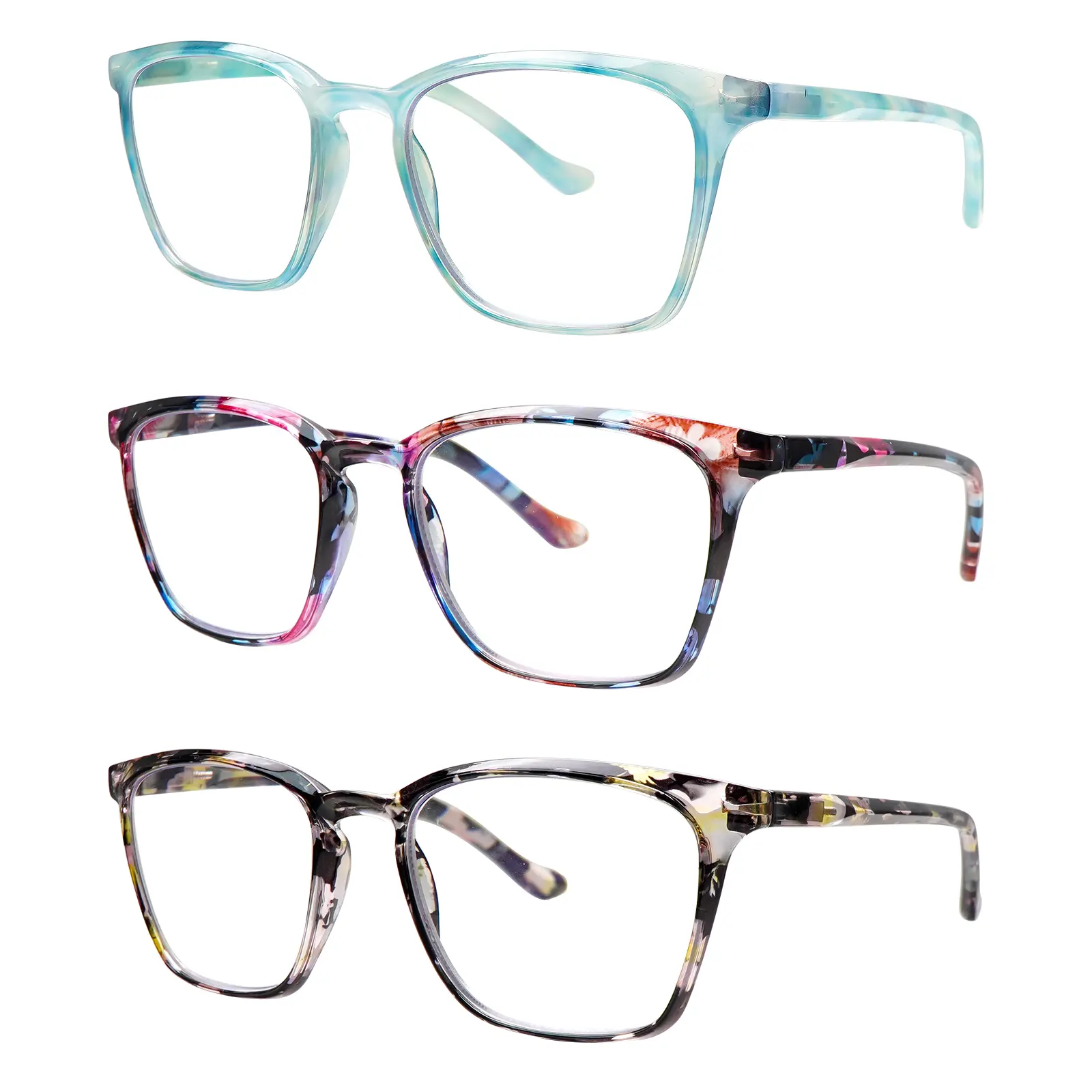 3 Pack Multicolor Floral Square Anti Blue Light Readers Light Spring Hinge Unisex Daily Presbyopia Glasses