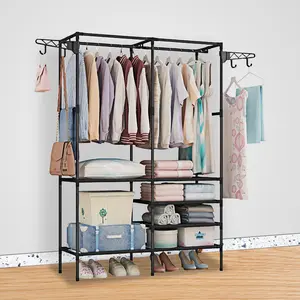 Freestanding Closet Organizer, Heavy Duty Garment Rack with Shoe Shelves & Hanging Rods