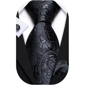 Barry.Wang Paisley Tie Fashion Set Hanky Cufflinks Neckties for Men Woven Silk