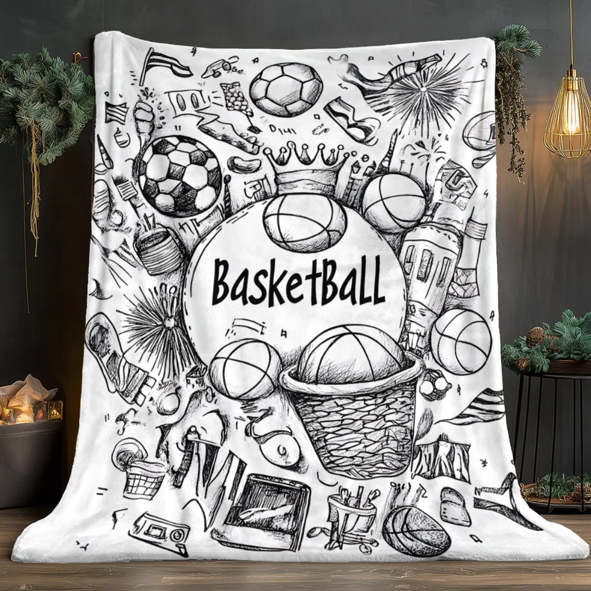 1 basketball-themed blanket - lightweight 280gsm soft flannel, suitable for all seasons, featuring a basketball court design, basketball hoop and players - comfortable and warm, ideal for home, travel, camping, and sports enthusiasts - durable digitally p