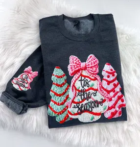 Tis the Season Tree Faux Crochet Cake Snack Bow Christmas Sweatshirt or Hoodie with Sleeve Prints Comfy Unisex Tops Oversized Cotton/Poly Blend Soft Fabric Pullover