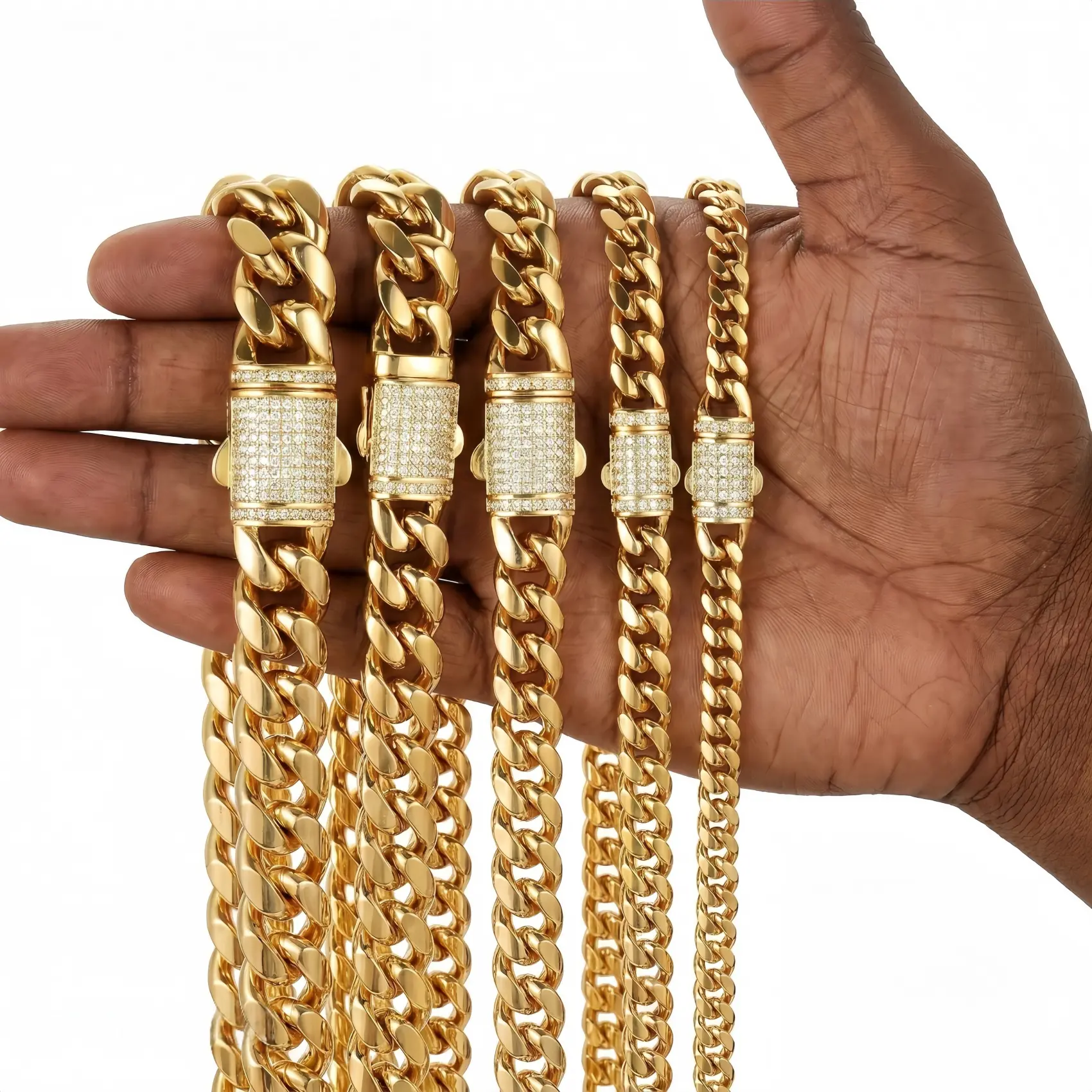 High-quality Gold Plated Cuban Link Chain, 6-14mm Width 16-30Inch Length, Waterproof Anti-Fade Zircon Clasp Necklace, Ideal for Daily Wear & Gifts for Friends, Boyfriend Girlfriend Hip Hop Jewelry,Stainless Steel Miami Cuban Link Necklace