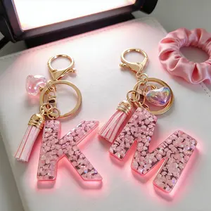 Women’s 26 Initial Sequin Resin Keychain| Pink Glitter + Tassel| Personalized Cute Key Ring Accessory