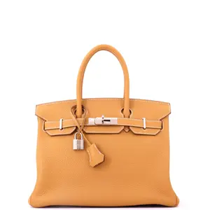 Pre-owned HERMÈS Leather Top Handle Bags Hermes Birkin Handbag Sable Clemence with Palladium Hardware 30 by Rebag