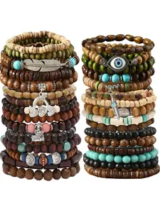 Adjustable multi-layer, Bohemian style, featuring Boho Style Beaded wooden bead elastic thread men's bracelet, suitable for both men and women, party denim daily wear, perfect friendship gift, with pendant and tassels, suitable for daily wear