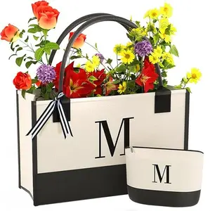 Monogrammed Canvas Tote Bag for Women with Zipper Pockets – Personalized Initial Tote, Large Shoulder Bag, Gift for Mom, Teacher, Sister, Bridesmaid, Everyday Work Travel Bag
