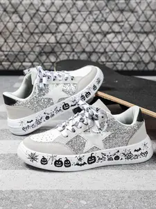 Men's Fashion Classic Star Pattern Trick or Treat Halloween Elements Spider, Skull, Bat, Pumpkin Casual Sneakers, Shiny Sequin Breathable Lightweight Skateboard Shoes, Suitable for Black Friday Carnival, Halloween Christmas Gifts, Party, Dance, Daily Wear