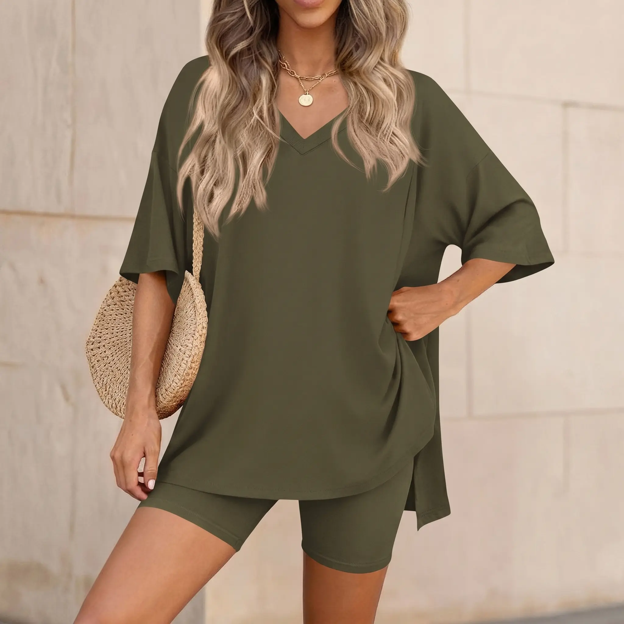Women's 2 Piece Outfits Casual Oversized V-Neck T-Shirt and Biker Shorts Matching Lounge Set Summer Activewear Chic Clothes