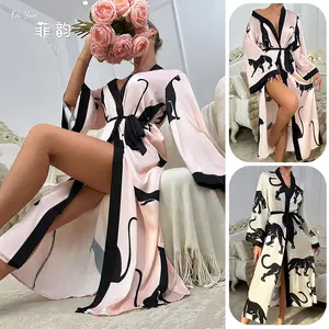 Ladies' long satin printed bathrobe, bathrobe, long-sleeved lace-up, sexy home wear Cowrie Savage x fenty