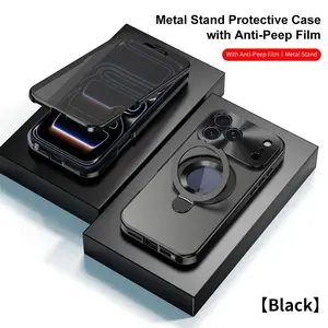 Premium Fashion Anti-Slip Magnetic Metal Case, Dual Glass Screen Protector with Invisible Stand, Compatible with iPhone 17 16 15 14 13 12 Plus Pro Max Air