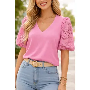 UMGEE MAUVE PINK COTTON FRENCH TERRY TOP WITH 3D CUT OUT FLORAL LACE SLEEVE