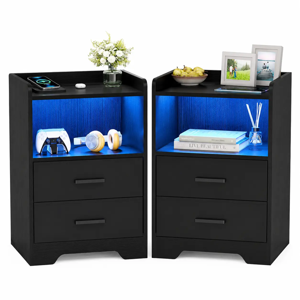 SIKAIC Set of 2 LED Nightstands with Charging Station, Black Bedside Tables with Drawers and USB Ports