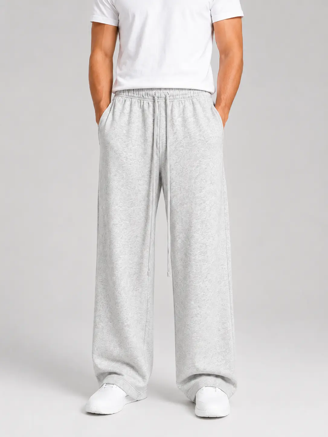 Menswear Plain Light Grey Uncuffed Men’s Cotton Joggers, Elastic Drawstring Waist, Breathable Wide-Leg Baggy Casual Pants, Deep Pockets