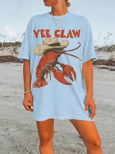 Comfortable Oversized Cowboy Crawfish Graphic T-Shirt Dress, Casual Beach Coastal Western Style Dress for Women, Casual Boho Chic, Retro Loose Fit Summer Vacation Outfit with Crawfish Cowboy Print, Soft Breathable Fabric for Everyday & Vacation Wear