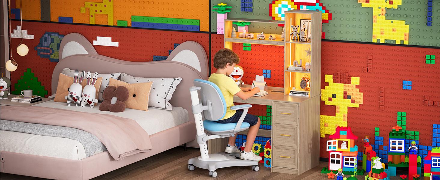 FREDEES  40” Home Office Desk with Hutch and Drawers, Computer Desk with Power Outlets and LED Light, Study Writing Gaming Table with Storage Shelves, Workstation for Bedroom