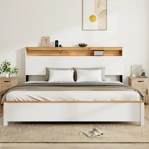 Classic White All-Wood bed Frame with Storage & Charging Station, Full/Queen/King Sizes, Easy-Assembly Rustic Farmhouse Indoor Furniture for Farmhouse Decor, Bed Frames with Headboard, queen Bed frame With Headboard