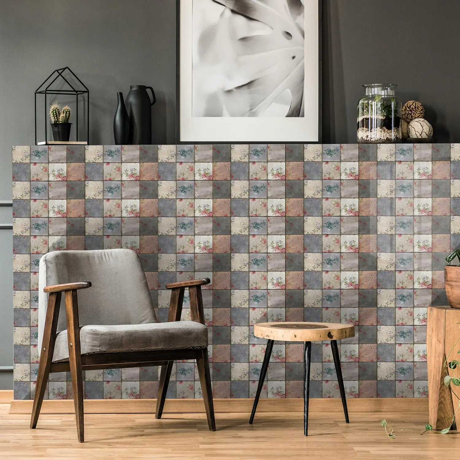 Vintage Flower Pattern Tile Backsplash, 6/24pcs Self-adhesive Removable Tile Backsplash, Waterproof & Oil-resistant Wall Decor for Kitchen & Bathroom