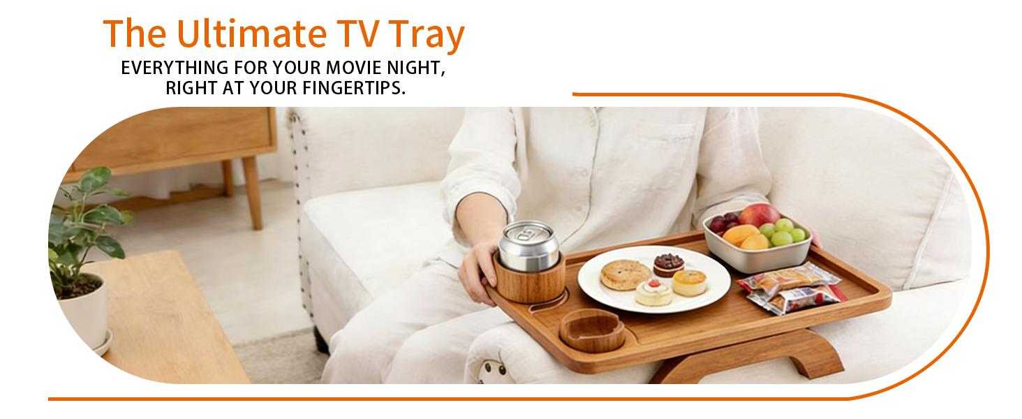 Acacia Wood Sofa Armrest Tray, Clip-On Space-Saving Design with Cup Holder, 360° Rotating Phone Holder, Anti-Slip Pads, Easy Installation for Daily Use