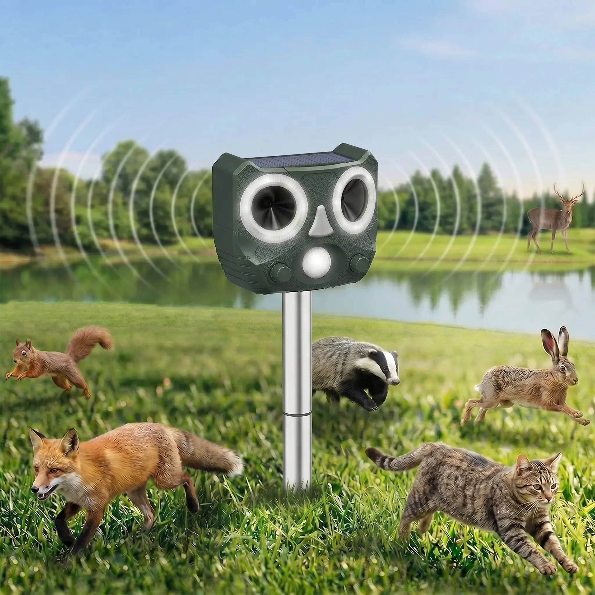 Outdoor Solar Animal Repellent, 2026 Upgraded Waterproof Ultrasonic Deterrent with Motion Sensor for Garden, Farm, Cats, Squirrels and Deer