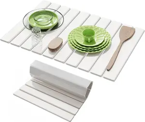 Large Stone Dish Drying Mat for Kitchen Counter,23.6''x15.3'' Foldable Quick Dry Stone Kitchen Mat,Eco-Friendly,Absorbent Diatomaceous Earth Mats for Dishes Bottles Cups Bathroom Any Countertop-White