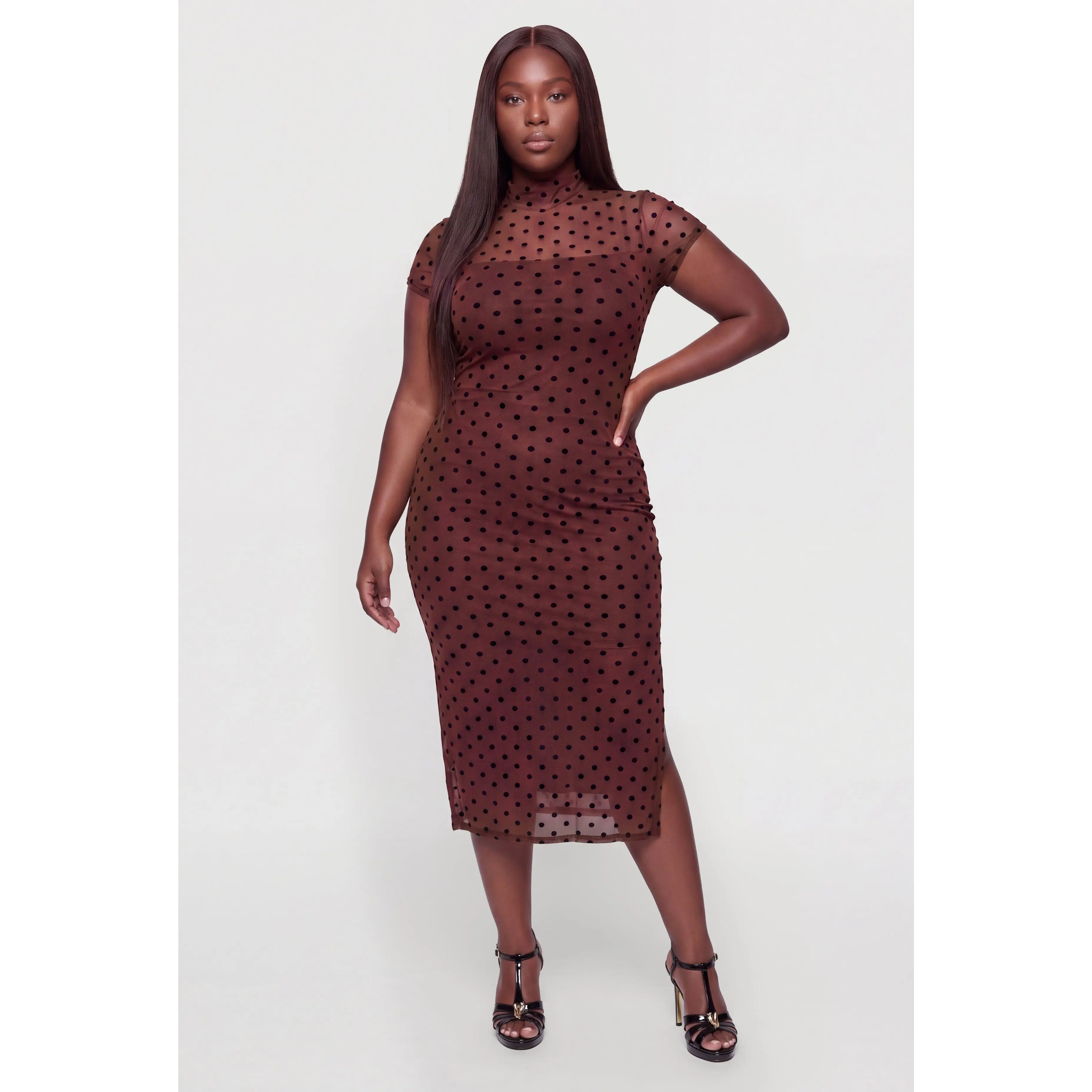 Plus Size Polka Dot Velvet Burnout Mesh Midi Dress