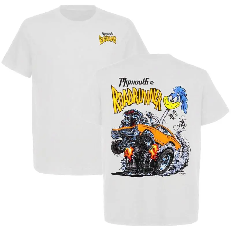 Plymouth Roadrunner T-Shirt featuring classic cartoon burnout muscle car design, perfect for Mopar lovers, vintage drag racing fans, and horsepower addicts everywhere.