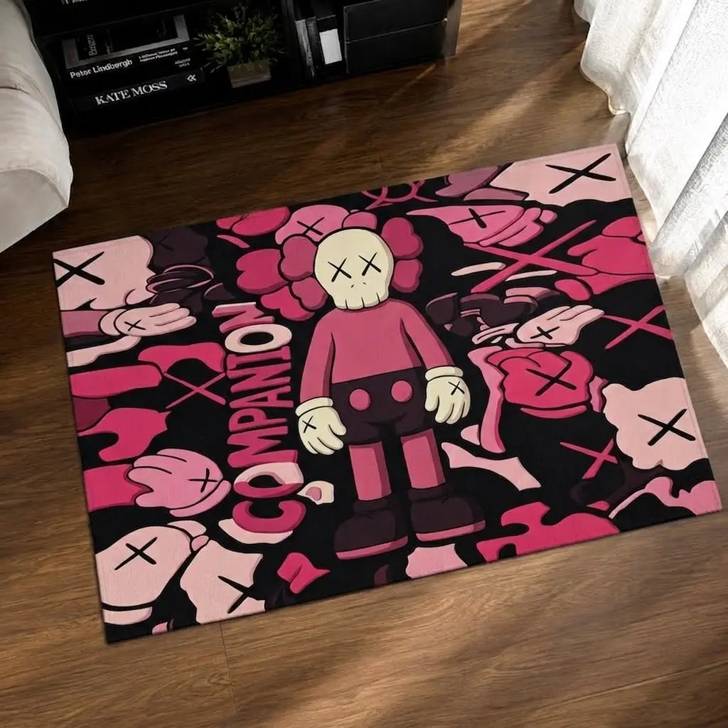 Large Pink KAWS Inspired Hand Tufted Wool DOORMAT, Pop Art DOORMAT, Vibrant Hypebeast Decor